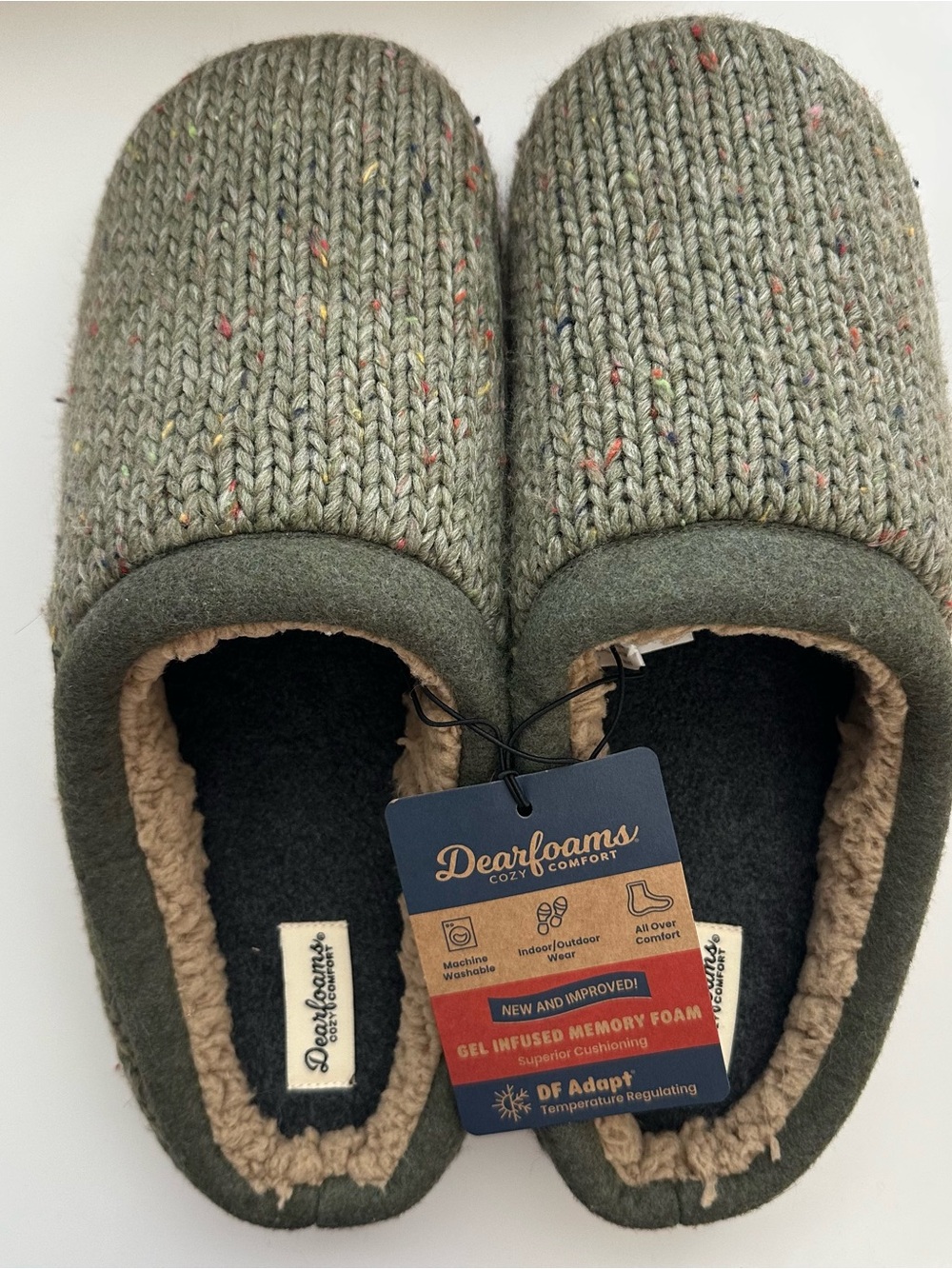 dearfoams Olive Knit Men’s Slip-On Slippers with Sherpa Lining XLARGE
US 13-14